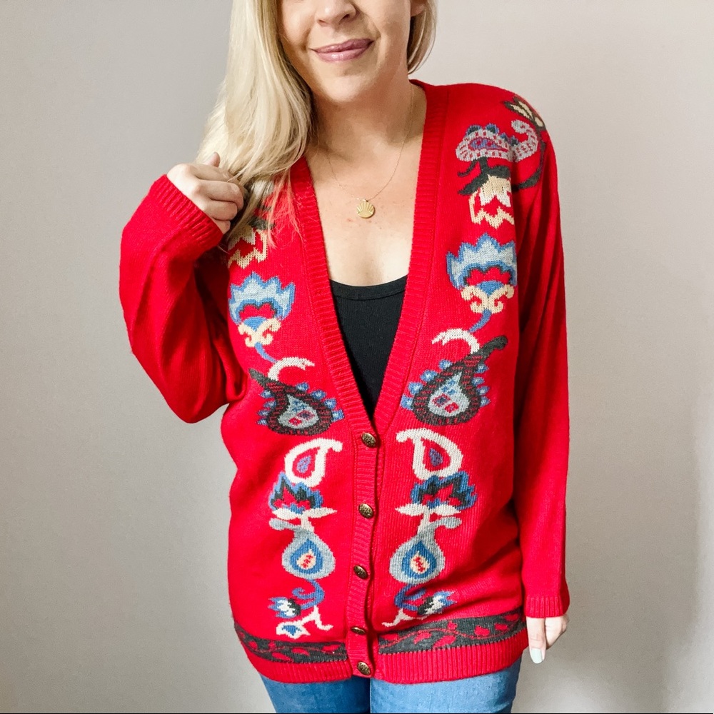 80s Vintage Chunky Red Paisley Alfred Dunner Cardigan Sweater